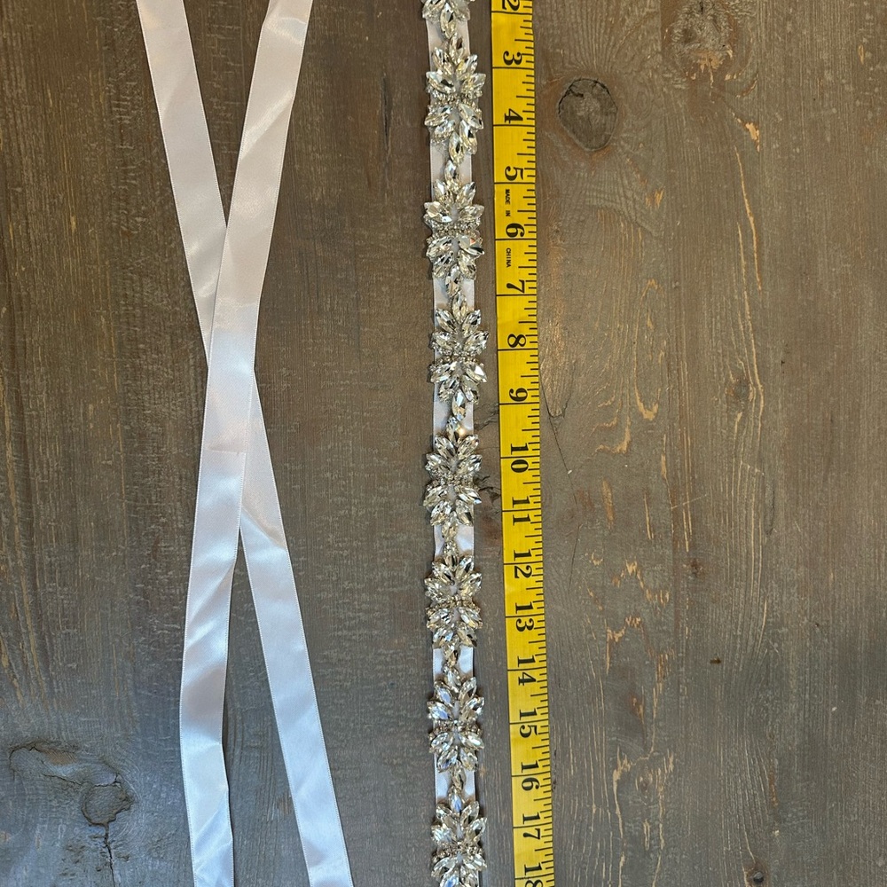 Elegant Silver Beaded Sash with White Ribbon